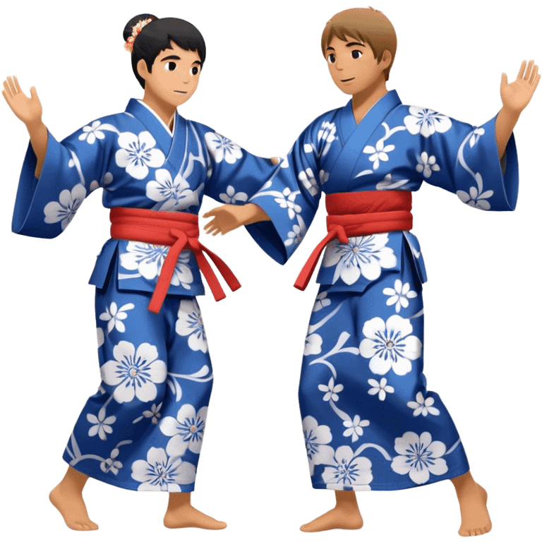 Cinematic Realistic scene of two performers engaging in Bon Odori, dressed in traditional yukata with intricate summer patterns, captured in graceful, rhythmic motion with warm, festive lighting emoji