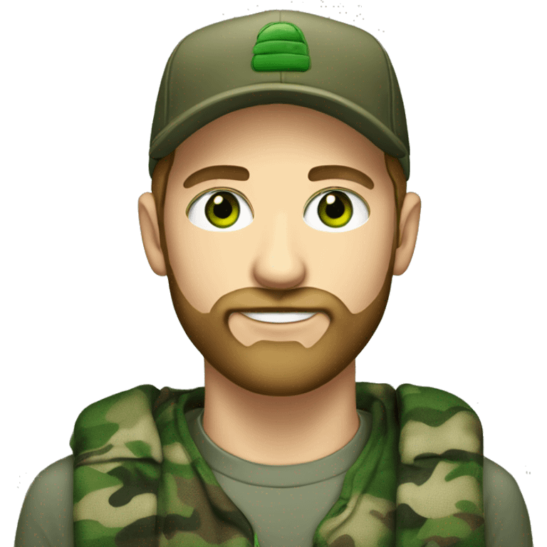 an attractive young white man with green eyes wearing a camo hat and a nicely trimmed beard emoji