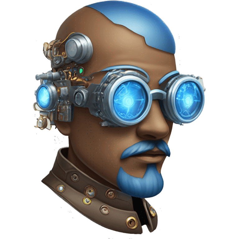 Brown shaved male cyborg head with blue beard, silver steampunk monocle goggles and circuits emoji