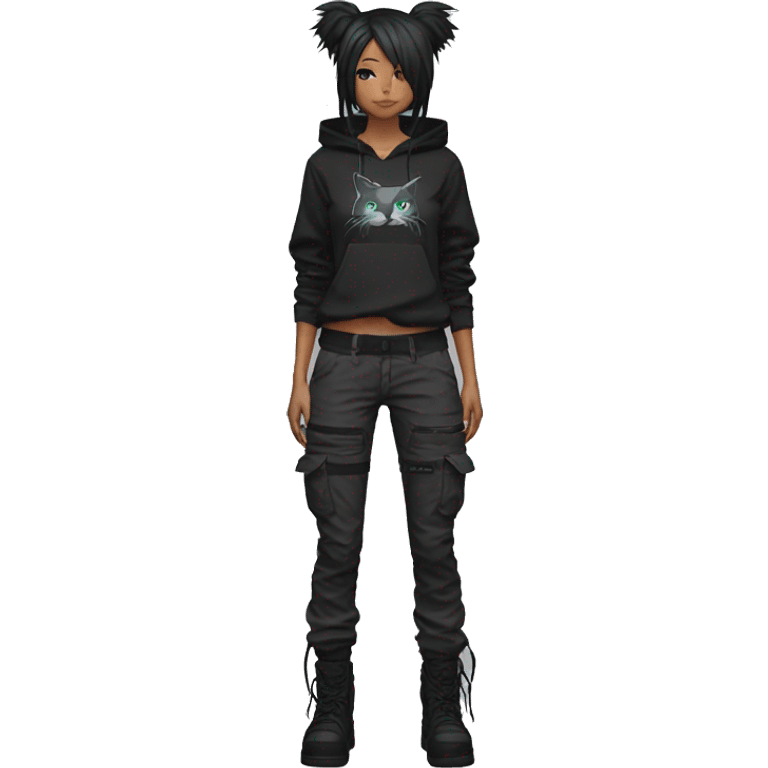 Edgy anthro beautiful pretty anime punk tomboy with cat ears techwear cargo pants hoodie emoji