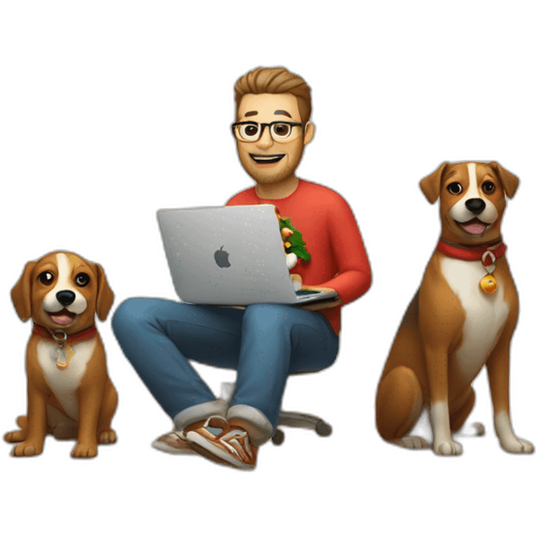 developer on a beach with a macbook and 2 dogs and santa's raindeers emoji