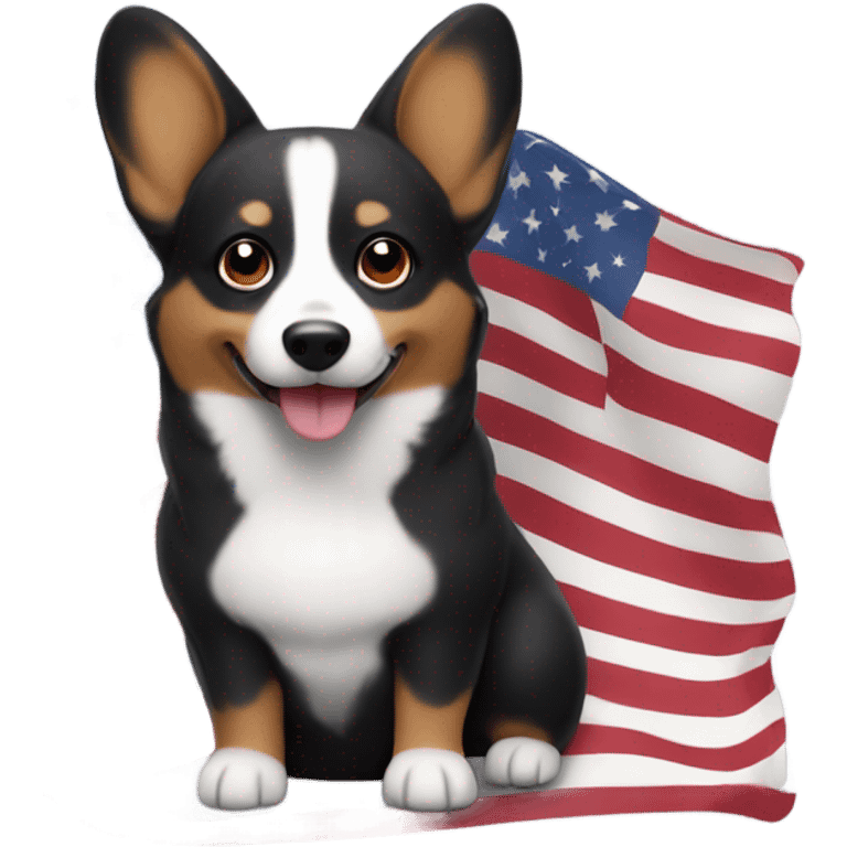 Black corgi with no tail waving an American flag emoji