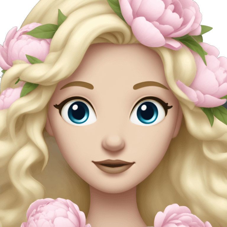 White bride with long light blonde hair and blue eyes with light pink peonies in hair white skin  emoji