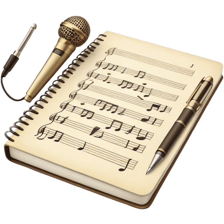 Create an emoji representing songwriting. The design should feature an open notebook or sheet music with visible lyrics between the musical notes, symbolizing the process of writing song lyrics. The text between the notes should be clearly visible. A pen or pencil should be placed near the notebook, indicating active writing. Optionally, include a single vintage microphone lying beside the notebook (not on the music notes) to add a creative touch. Use a harmonious color palette with warm and neutral tones. Do not include any emojis or smiley faces. Make the background transparent. emoji