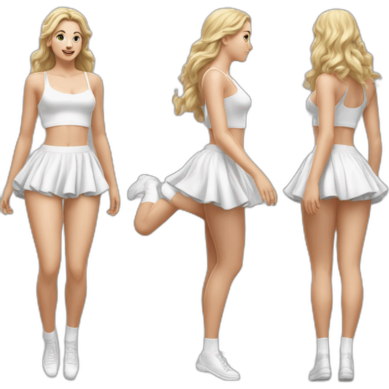 Hyperrealistic Full body Caucasian curvy beauty jumping short white skirt back and front views strong wind knickers long white socks emoji