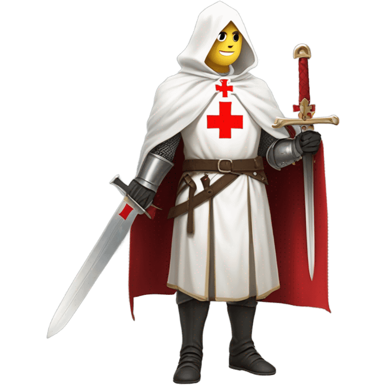 blond haired Masonic knight Templar wearing a white tunic with a Red Cross on the front and a white mantle with a hood with a Red Cross on the left side and a male face  and holding a sword by the handle blade pointing upwards. emoji