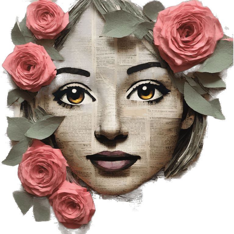 Person face portrait made entirely of newspaper cuttings and roses emoji