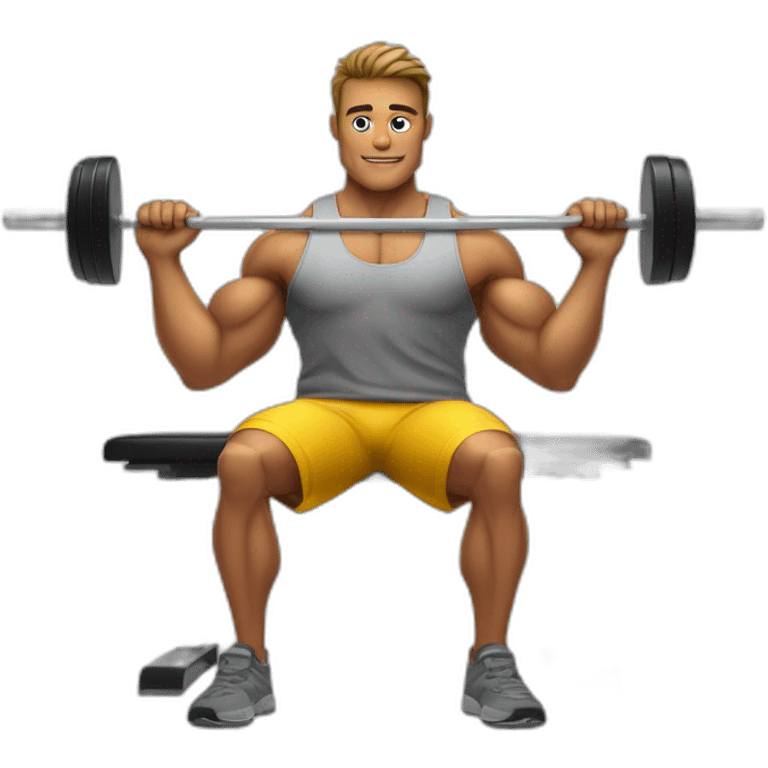 software developper on a musculation bench with a bar and macbook at each side of the bar emoji