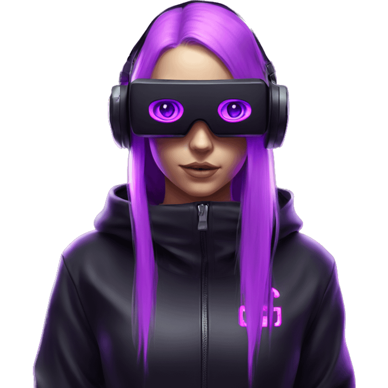 Russian girl wearing black hoody with violet letters "OMG", in vr headset. Cyberpunk style. Violet neon. emoji