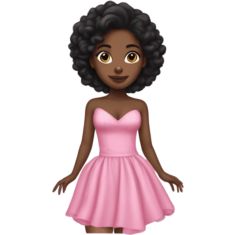 Black girl wearing a coquette pink dress with long black hair and beautiful skin emoji