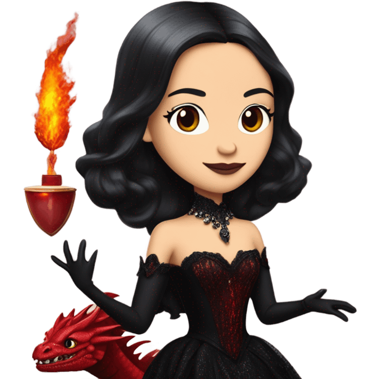 Lavish Victorian evening gown with gloves, Jenna Ortega as Morticia Addams Jedi wearing a mini tiara, riding on the back of a very large blood red evil-looking horned firedragon emoji