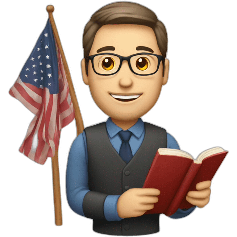 male english teacher with book and american flag emoji