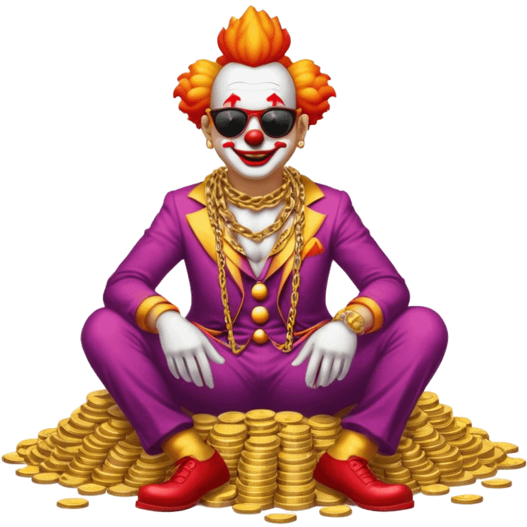 Clown with big golden chain on the neck wearing sunglasses sitting on the big pile of gold coins  full height. emoji