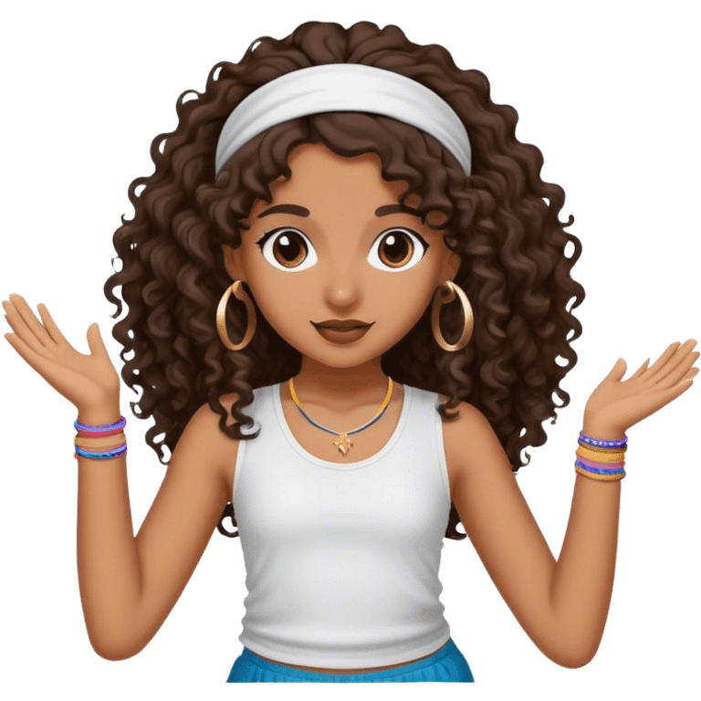 Dancing brown girl with long darn brown curly hair with headband hip hop emoji