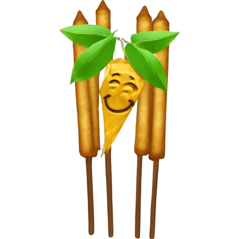 Circle (background): #F7DC6F (golden yellow)
Satay stick: #8B9467 (brown)
Cryptocurrency coin: #34A85A (green)
Smile (optional): #FFFFFF (white emoji