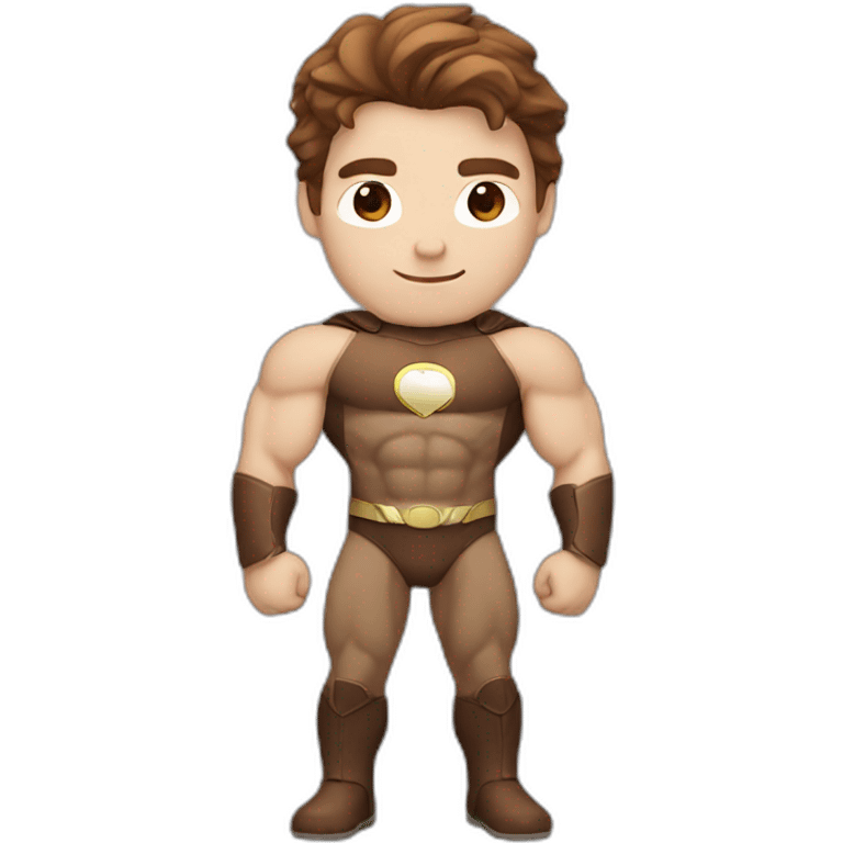 Superhero guy, muscle, white skin, brown hair emoji