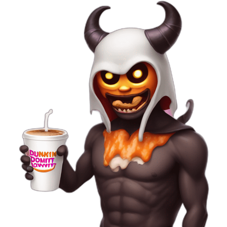 a demon holding a dunkin donuts coffee cup emoji