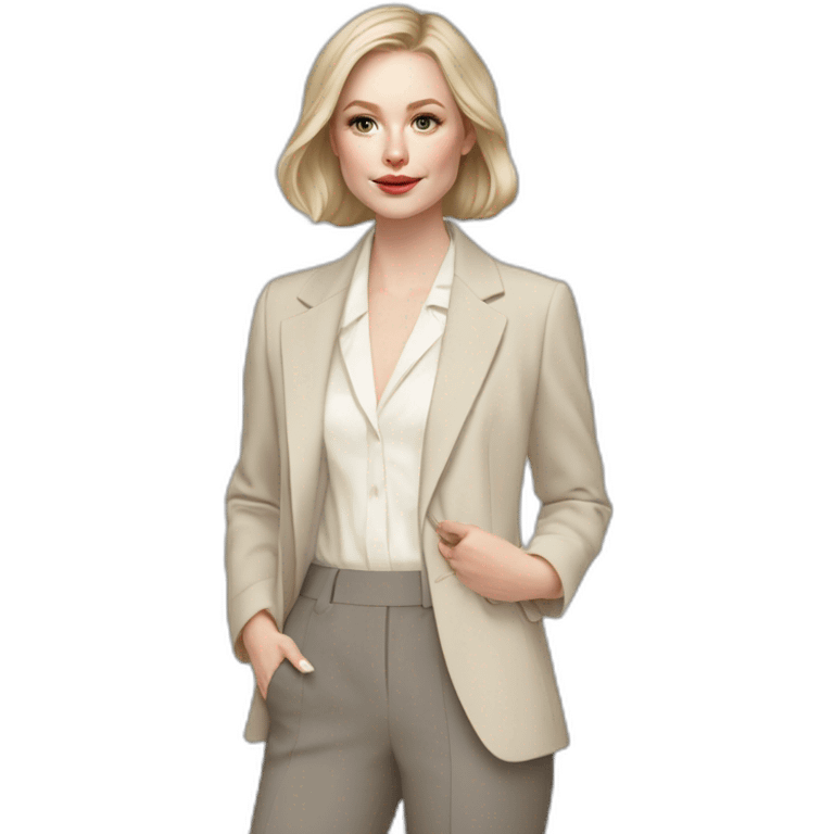 pale skin woman with ash blonde Straightened bob Hair, White Spacious classical jacket, beige palazzo Arrow pants and gray blouse holding a color palettes in the hands emoji