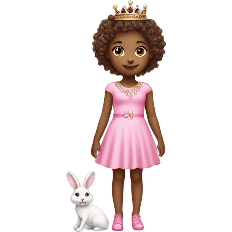 Little girl with a princess crown and wears a cute short pink dress with pink high heels and lots of jewelry and has a pet cute bunny emoji