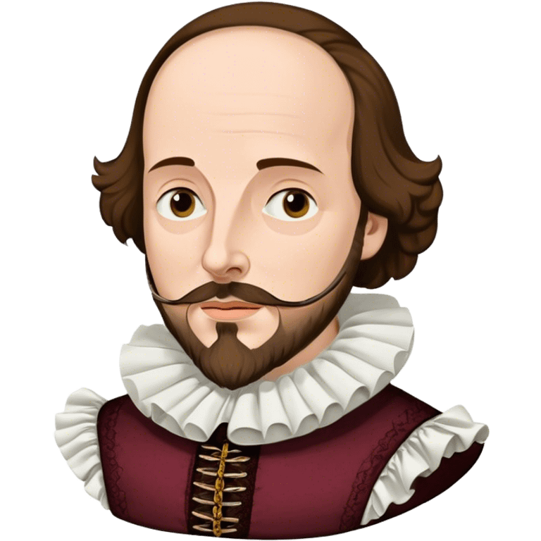 Cinematic Realistic portrait of William Shakespeare, depicted as an iconic playwright in richly detailed Elizabethan attire with a ruffled collar, expressive eyes, and a thoughtful gaze, bathed in dramatic historical lighting that evokes the Bard’s timeless legacy emoji