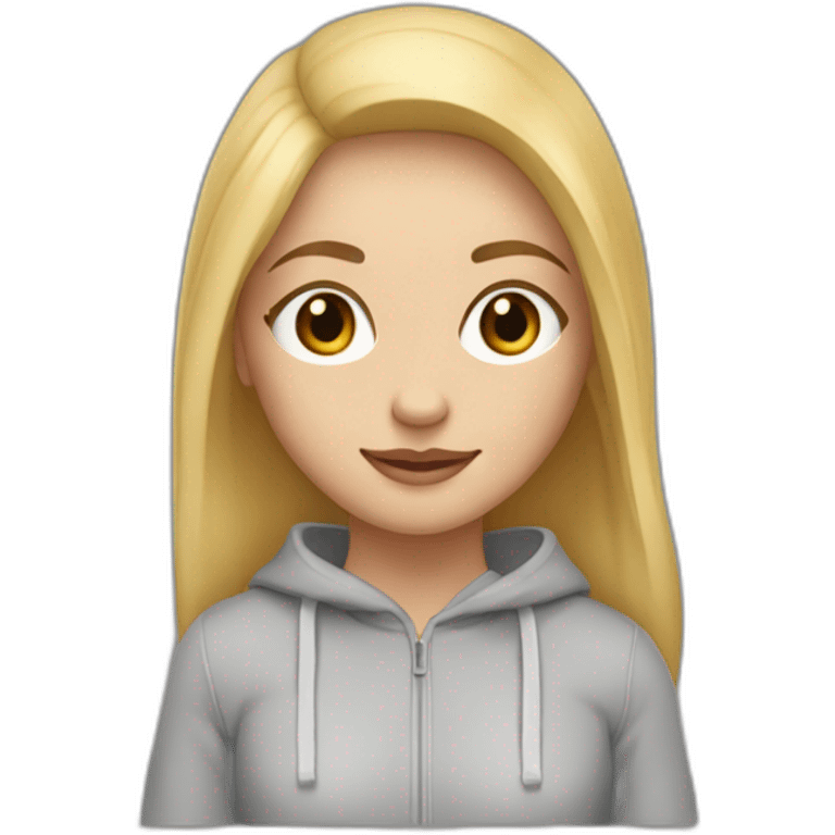 A blonde girl with smooth hair and a ray in the middle, she has light skin a few freckles, and she wear a hoodies  emoji