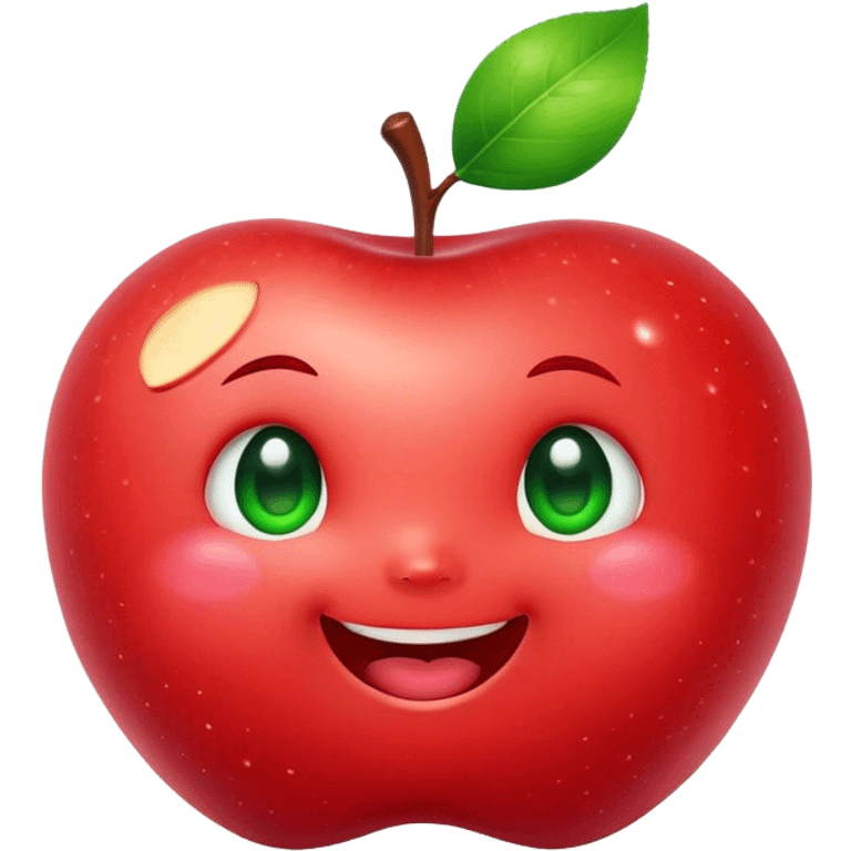 Cute Kawaii Apple, round and plump, bright shiny red with a tiny green leaf, chubby cheeks, sparkling eyes, a happy smile, soft glowing highlights, radiating fresh sweetness! emoji