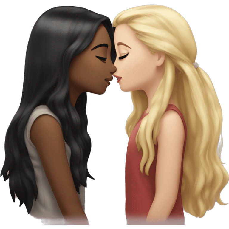 A girl kissing another girl on the cheek, both are blushing. They both have white skin and long black hair emoji