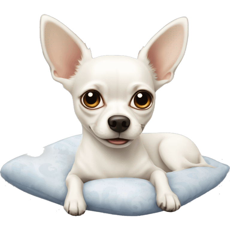 A white Chihuahua dog lying on a bed. emoji