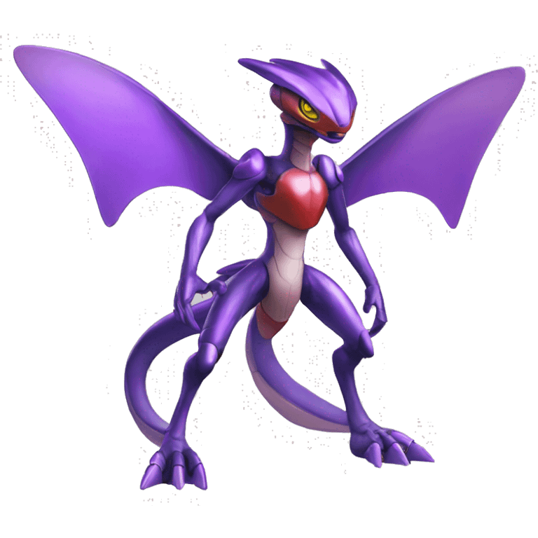 a shiny pirple Genesect-Flygon-Raptor-Fakémon—hybrid with a futuristic visor-helmet full body emoji