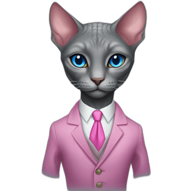 reptilian sphinx dark grey cat with blue eyes wearing pink suit, portrait emoji