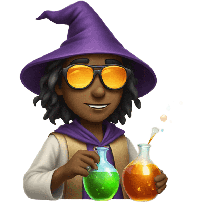 Young tan wizard mixing potions while wearing sunglasses emoji