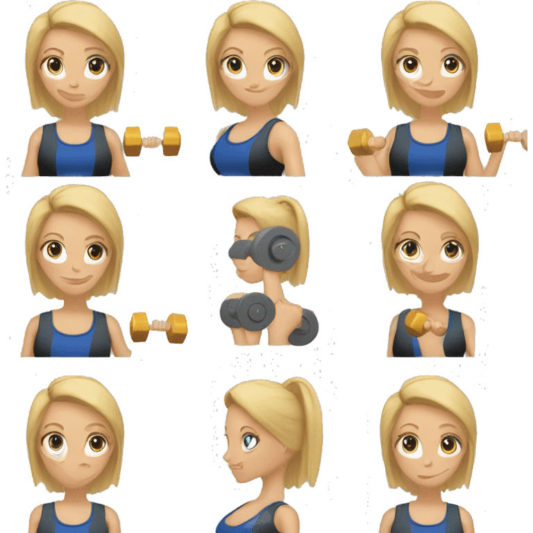 blonde woman working out with a black tank top and a blue shorts and she is holding a dumbell emoji