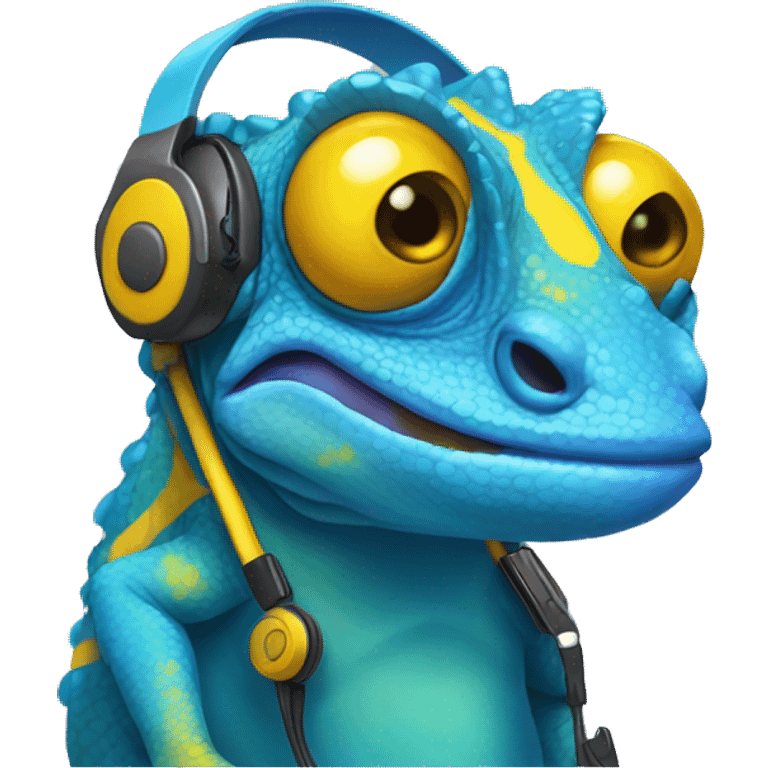 blue chameleon with yellow spots and headset emoji