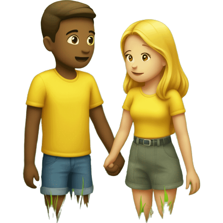 two bright yellow emojis of a boy and a girl holding hands on a lush green grass field. The girl is looking away, as if she is about to leave. The boy is looking at her with a sad expression, as if he doesn't want her to go. emoji