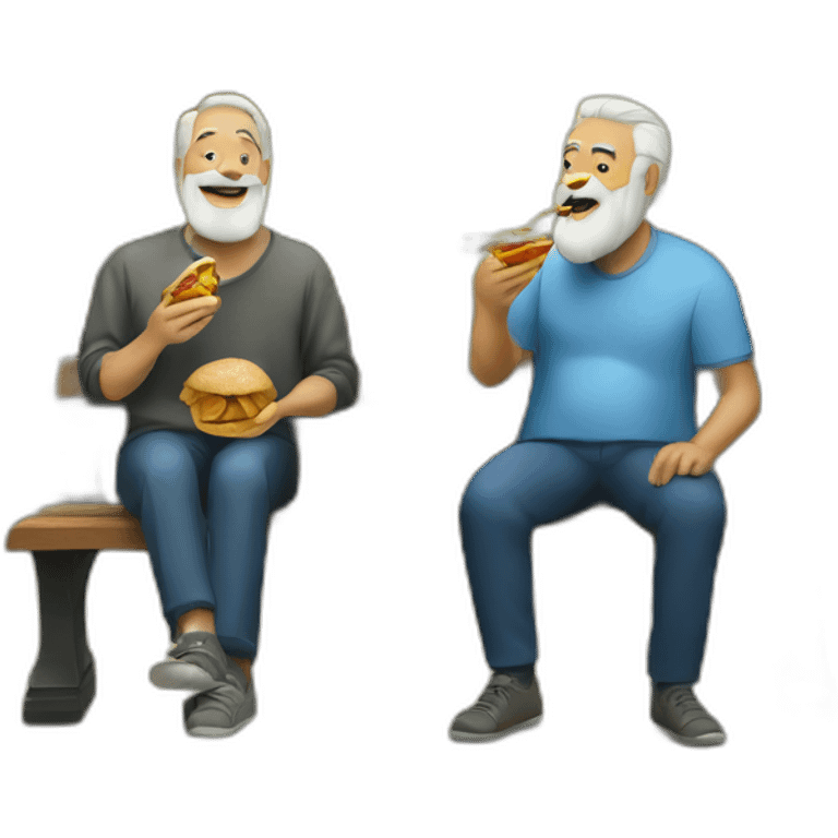 two old beard men eating shawarma on a bench on a park emoji