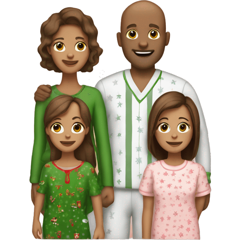 Family of four mom, dad, two daughters all with brown hair and brown eyes dad is bald all in Christmas pjs emoji