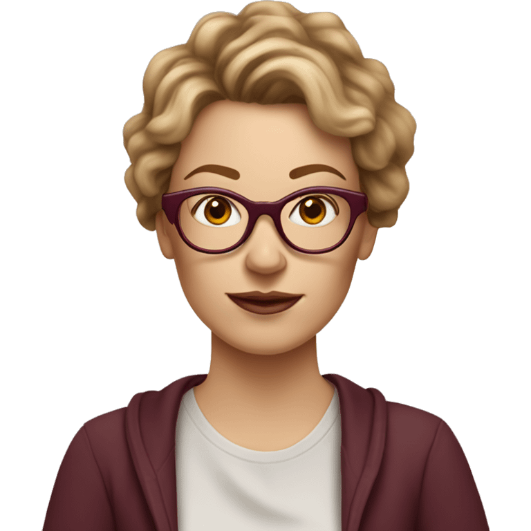 white mom with light brown messy hair, freckles on cheeks and nose, wearing burgundy glasses, holding coffee emoji