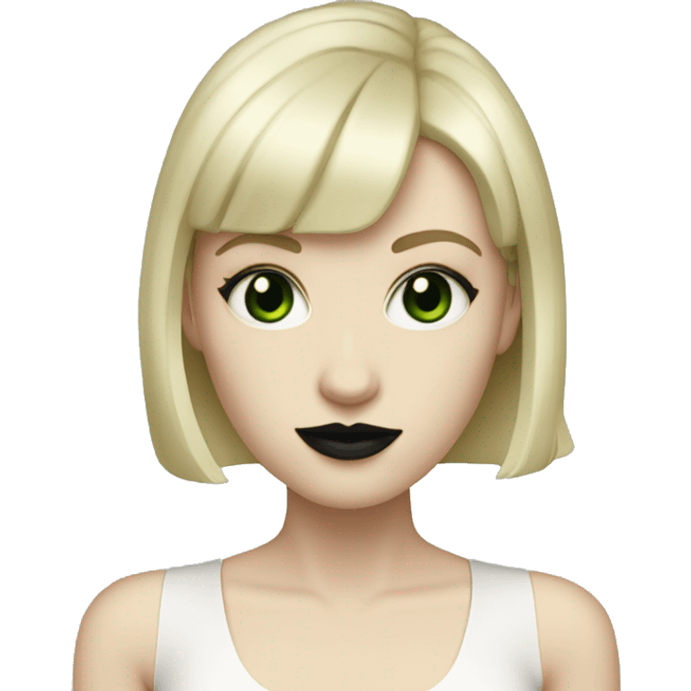 Pale skin, short light blonde hair (almost white) with short bangs, no eyebrows, dark green eyes, black lipstick,  emoji