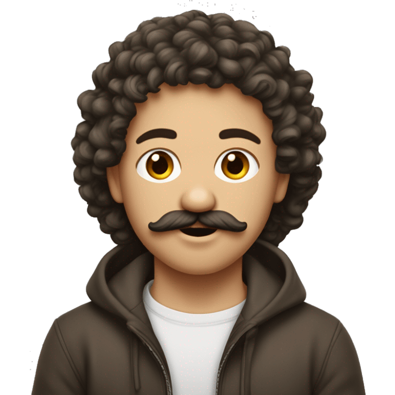 Un jeune à la peau métisse, cheveux couleur châtains mis long bouclés, moustache et bouc, qui porte un sweet à capuche blanc..  emoji