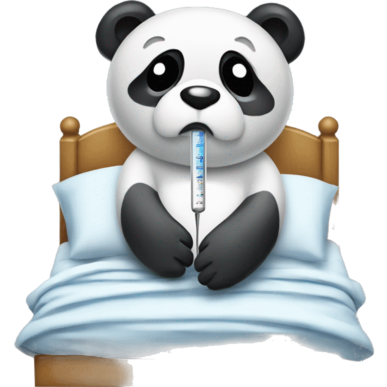 Sad Panda with fever Thermometer in mouth laying in bed emoji