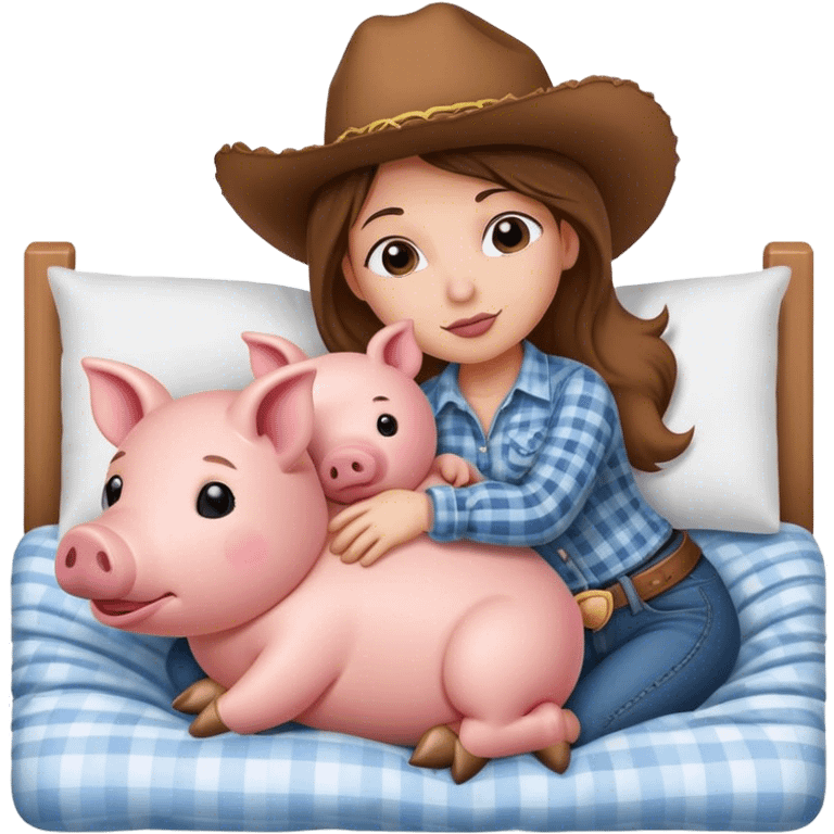 Cowgirl cuddling stuffed pig in bed  emoji