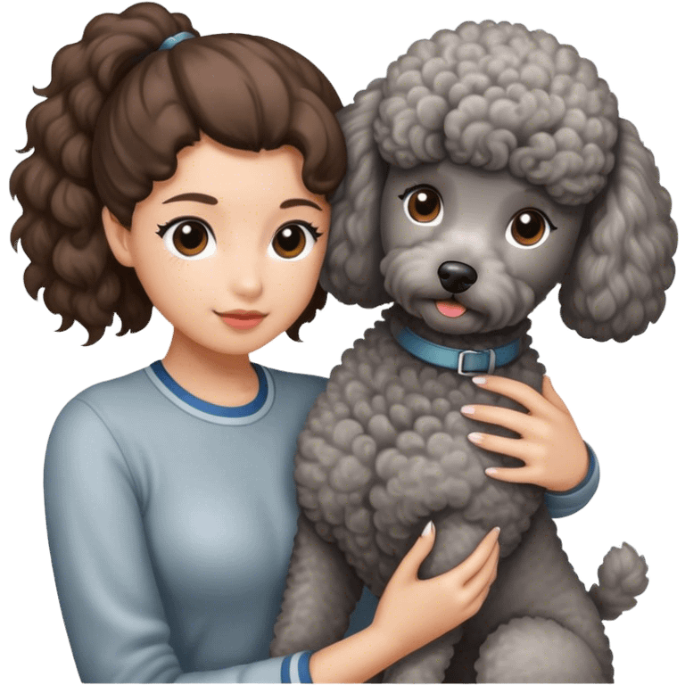 A girl with a brown ponytail holding a grey poodle emoji