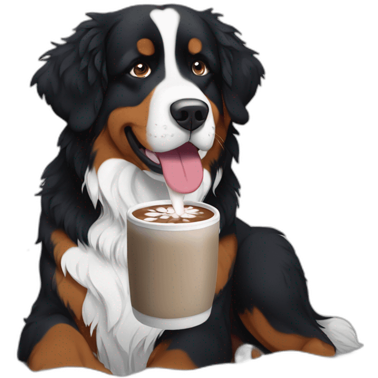 Bernese mountain dog drinking hot chocolate under snow emoji