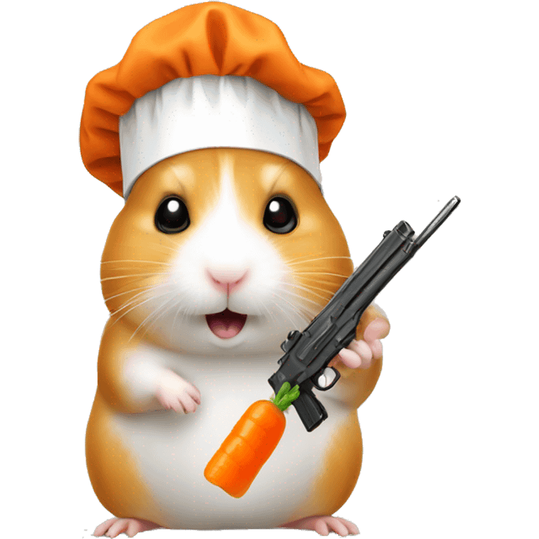 hamster with a gun in one hand a carrot in the other and a chef hat emoji