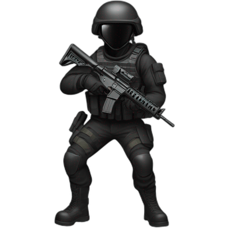 Tactical military soldier dressed in black, wearing a helmet and holding ar15helmet emoji