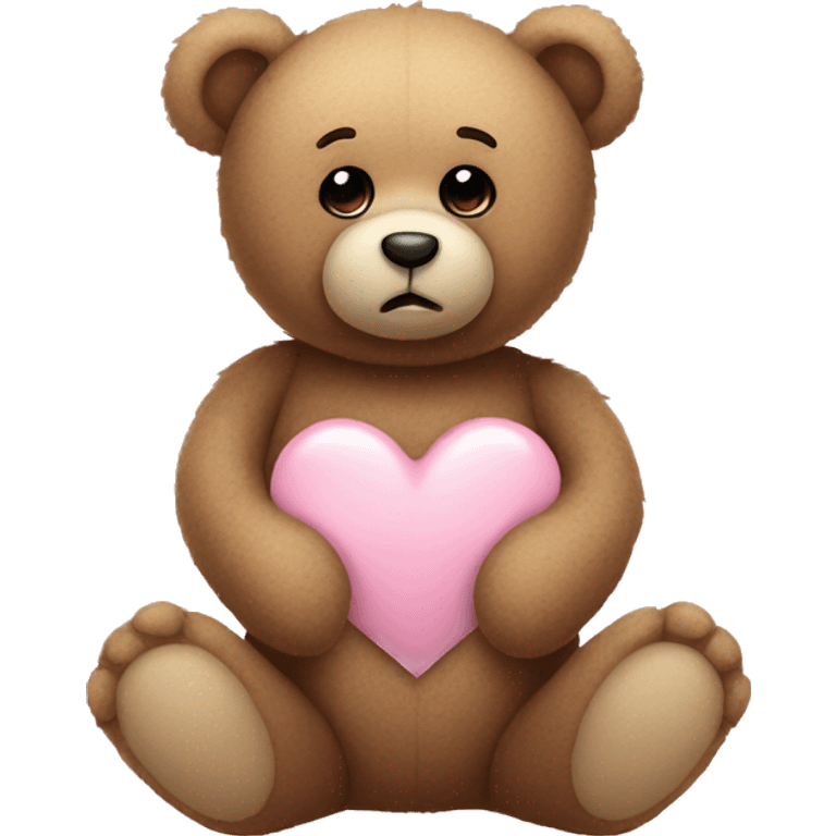 Teddy bear with sad eyes holding a pastel pink heart emoji