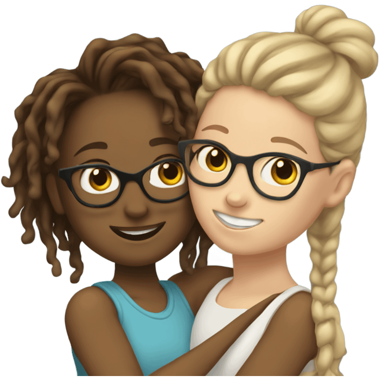 Tan girl with glasses and locs hugging a white girl with brown wavy hair emoji