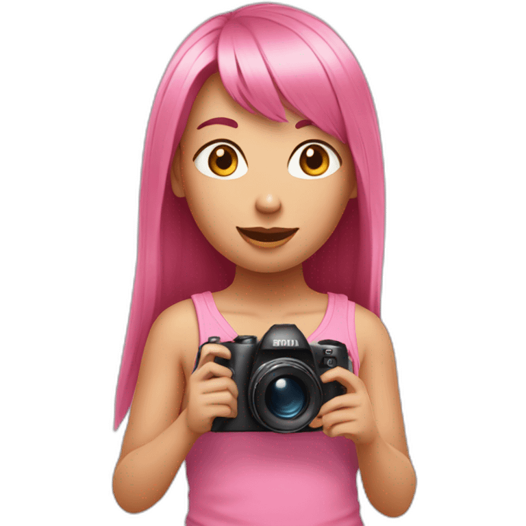 girl with long, straight rose hair with fringe and holding camera and wearing pink tank top emoji