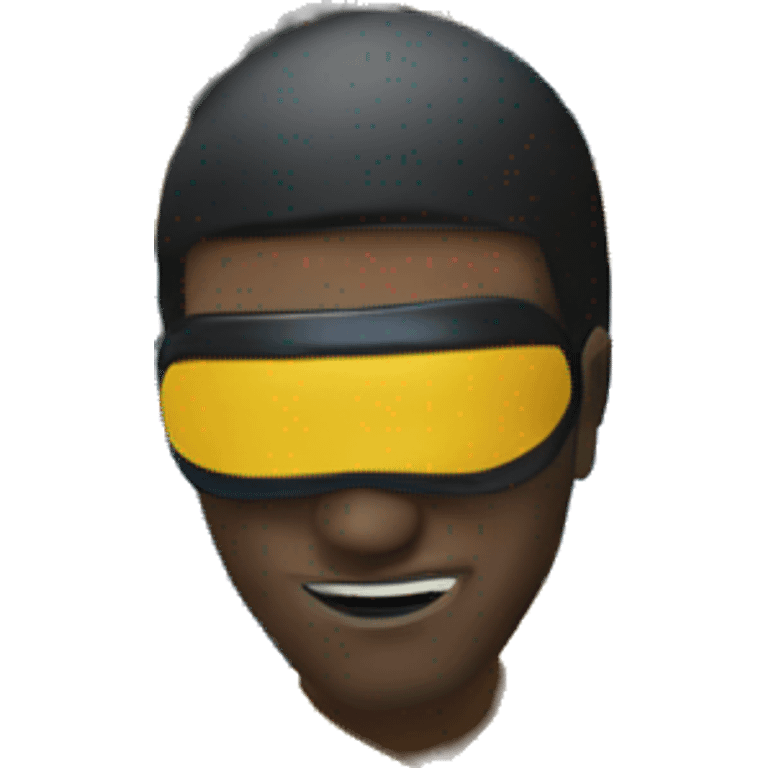 Invincible wearing a yellow and blue suit with black accents. He should have a distinctive yellow visor-style mask covering his eyes, shot black hair. emoji