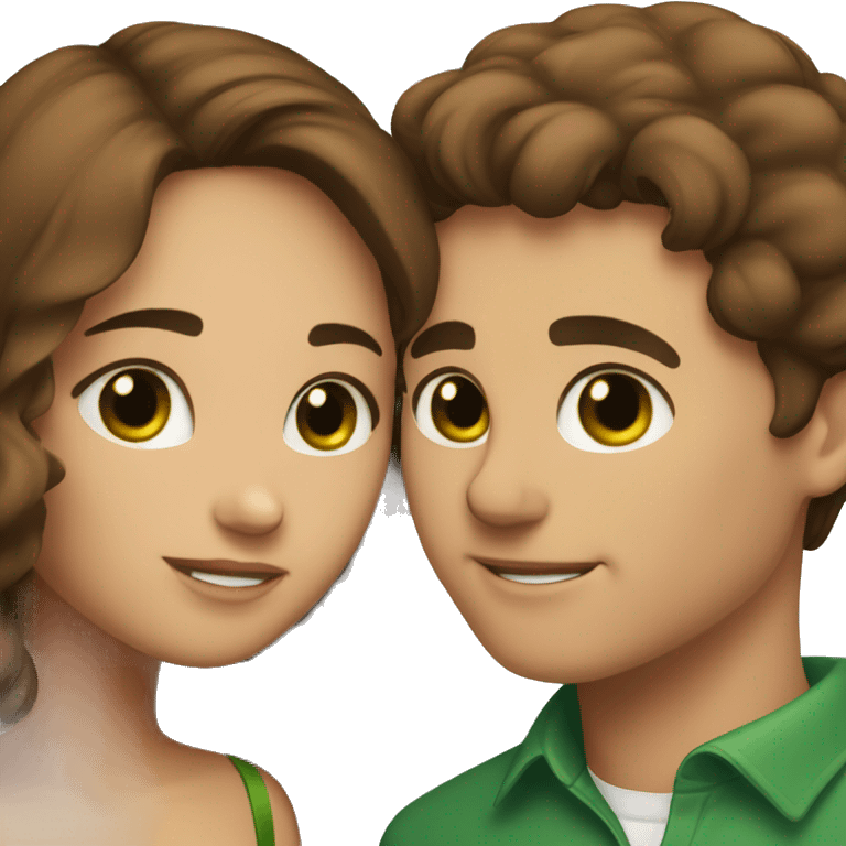 Couple kissing: a girl with brown hair, fair skin and brown eyes, a guy who kisses her with brown hair and green eyes emoji